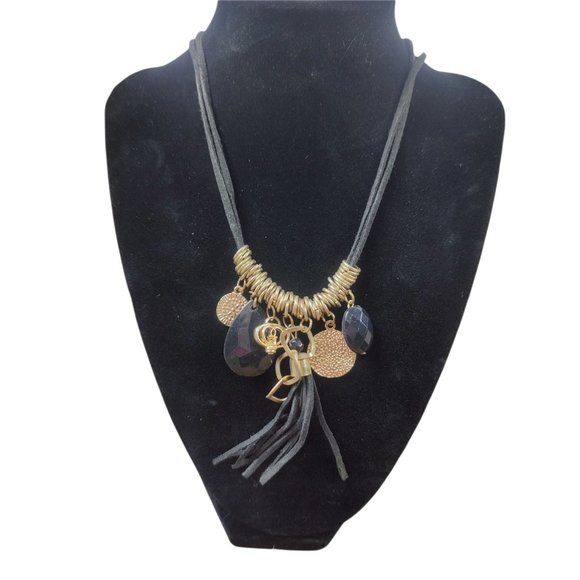 Jewelry - boho style black/gold necklace dangling beads/charms/leather fringe tassel EUC